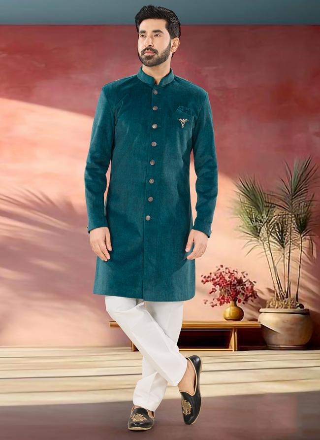 Velvet Morpeach Wedding Wear Embroidery Work Readymade Sherwani